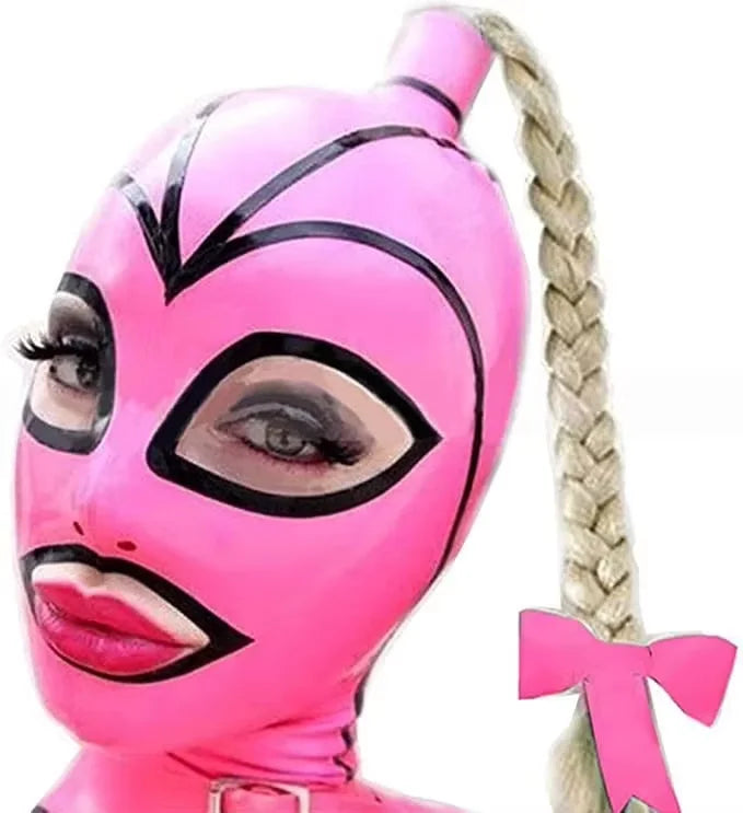 Pink Latex Fetisch Maske mit blondem Zopf & Reißverschluss