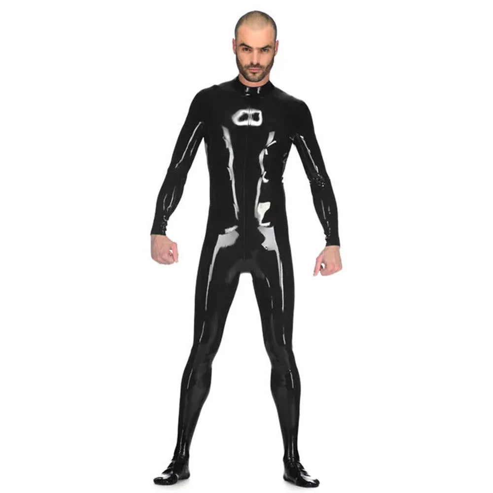 Herren Latex Catsuit mit Analkondom und Zehensocken Frontansicht